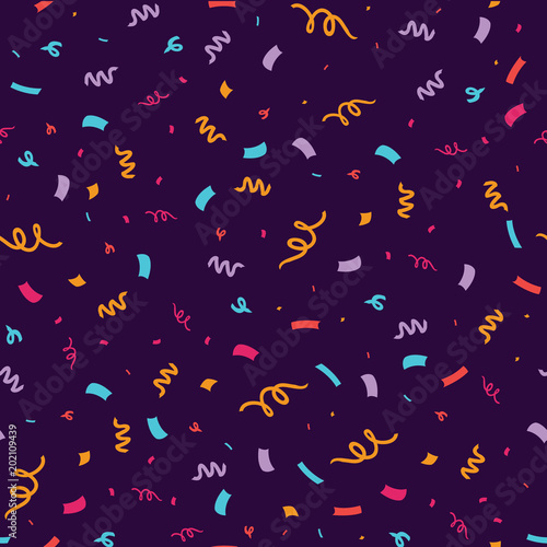 Fun confetti purple seamless repeat pattern. Great for a birthday party or an event celebration invitation or decor. Surface pattern design.