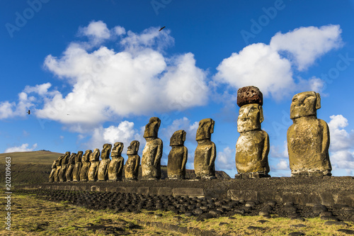 Ahu Tongariki, the most amazing Ahu platform on Easter Island. 15 moais still stand up at the south east of the Island. Ahu Tongariki reveals the Moais magic.