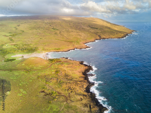 An aerial view of Anakena Beach at Easter Island, maybe the nicest beach in Chile. Easter Island is better known as their Moais statues however it has incredible places
