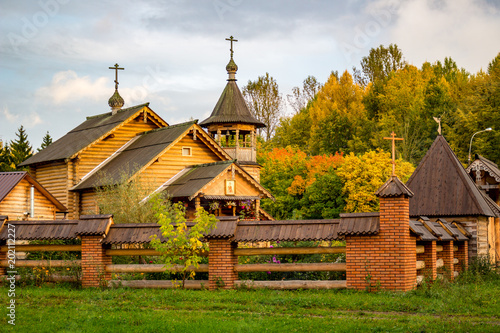 View of the Russian wooden Orthodox church in the autumn day 