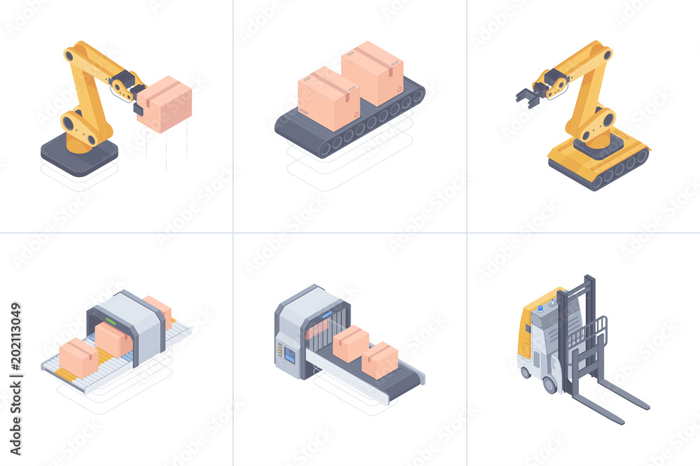 Obraz premium Concept of smart warehouse. Set of smart warehouse devices consist of robot arm, forklift, conveyor belt, boxing and packging line. Vector 3d isometric illustration on white background.