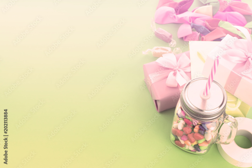 Festive composition set of gift boxes with balls candy cocktail materials. Festive composition set of gift boxes with balls candy cocktail materials.