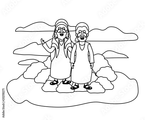 Jesus christ with apostle in the dessert characters vector illustration design