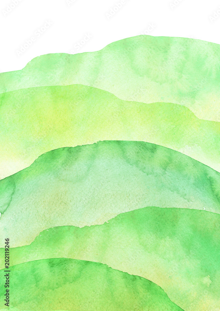 Naklejka premium Watercolor green hill, hillock, grass. Summer landscape on white isolated background.