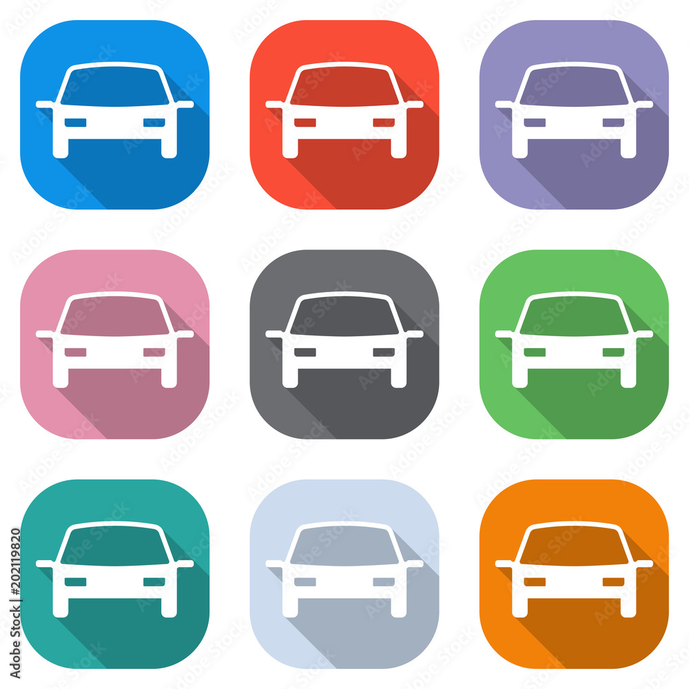 car icon. Set of white icons on colored squares for applications. Seamless and pattern for poster