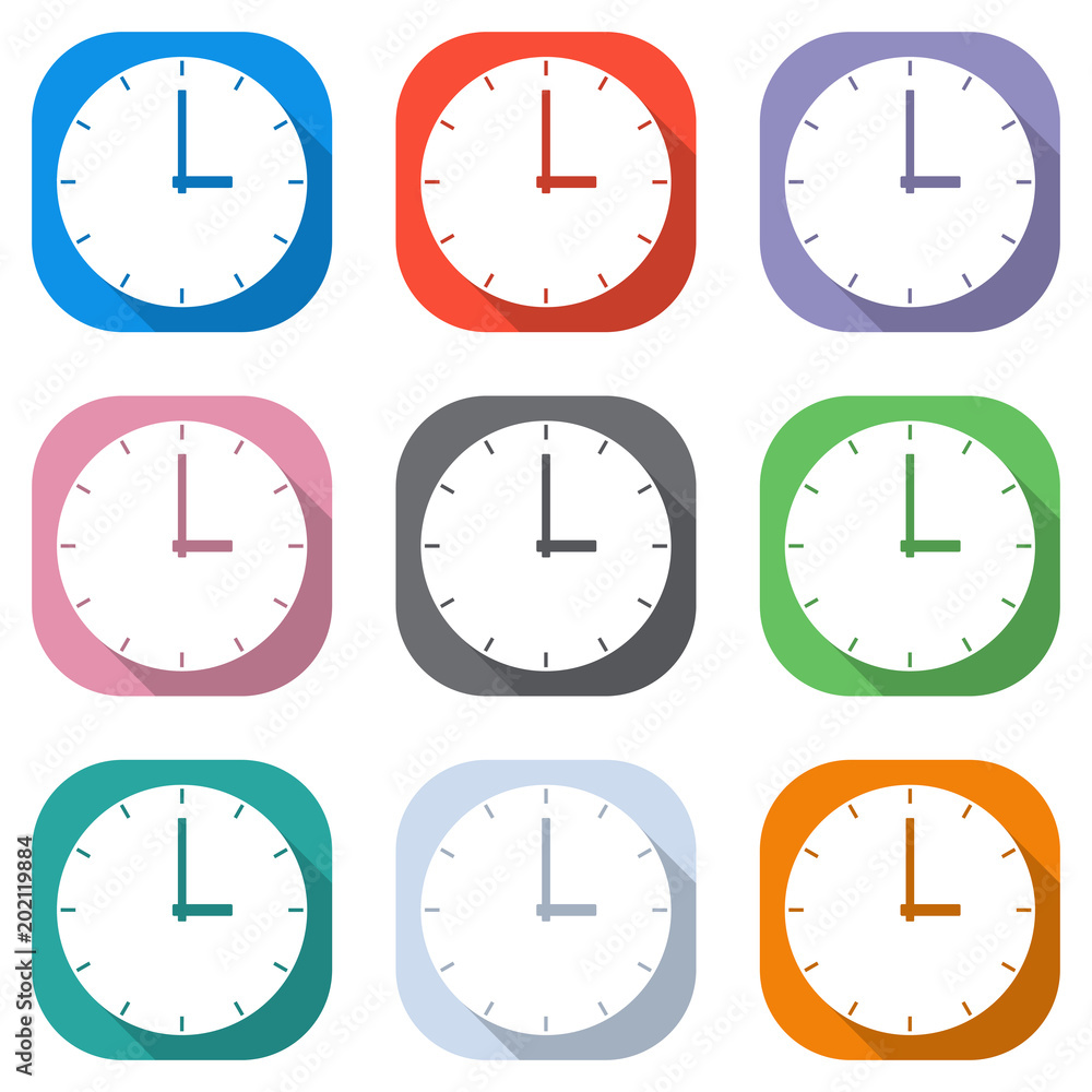 Simple clock icon. Set of white icons on colored squares for applications. Seamless and pattern for poster Simple clock icon. Set of white icons on colored squares for applications. Seamless and pattern for poster