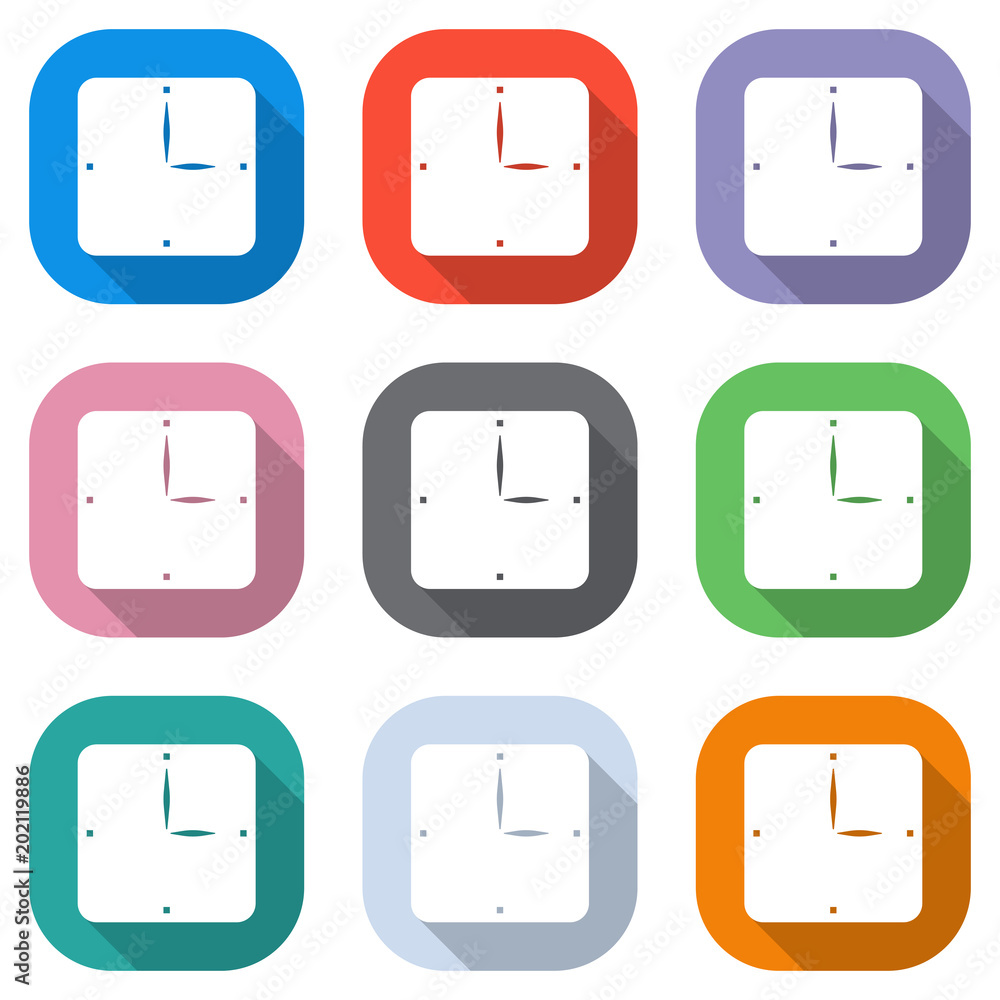 Simple clock icon. Set of white icons on colored squares for applications. Seamless and pattern for poster Simple clock icon. Set of white icons on colored squares for applications. Seamless and pattern for poster