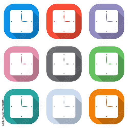 Simple clock icon. Set of white icons on colored squares for applications. Seamless and pattern for poster