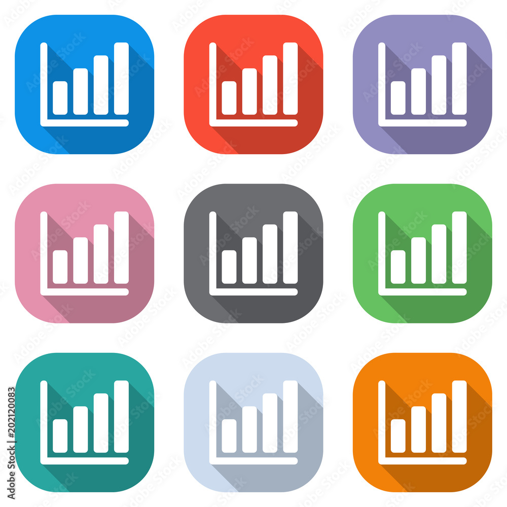 Growing graph line icon. Set of white icons on colored squares for applications. Seamless and pattern for poster