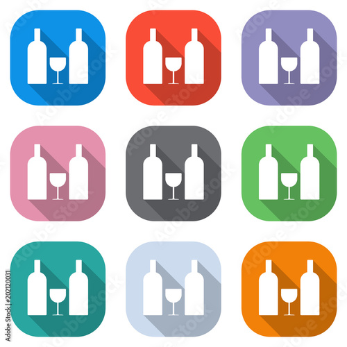 glass and bottles icon. Set of white icons on colored squares for applications. Seamless and pattern for poster