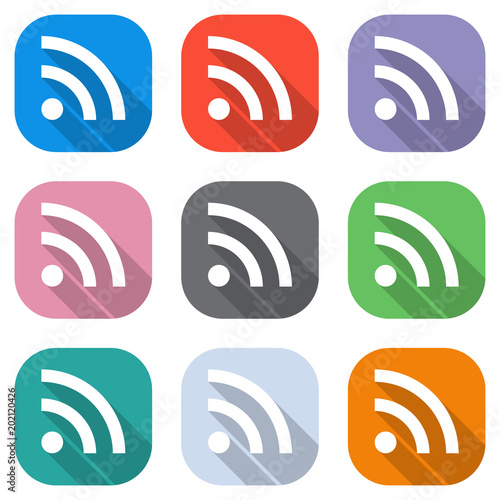 RSS icon. Set of white icons on colored squares for applications. Seamless and pattern for poster