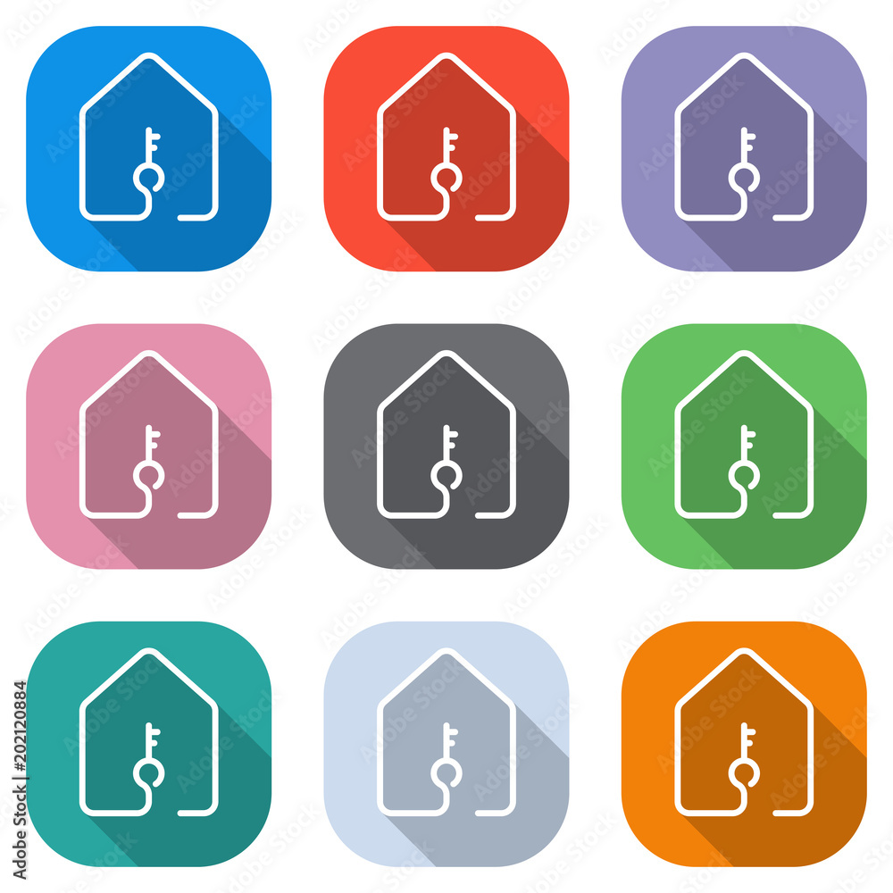 house with key icon. line style. Set of white icons on colored squares for applications. Seamless and pattern for poster house with key icon. line style. Set of white icons on colored squares for applications. Seamless and pattern for poster