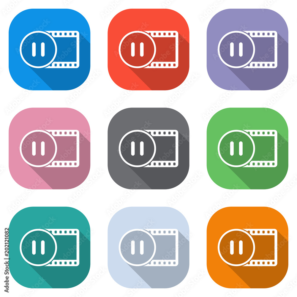 movie strip with pause symbol in circle. simple silhouette. Set of white icons on colored squares for applications. Seamless and pattern for poster movie strip with pause symbol in circle. simple silhouette. Set of white icons on colored squares for applications. Seamless and pattern for poster