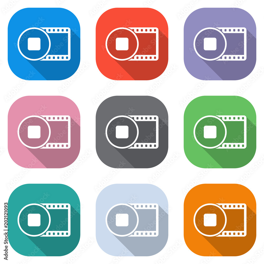 movie strip with stop symbol in circle. simple silhouette. Set of white icons on colored squares for applications. Seamless and pattern for poster movie strip with stop symbol in circle. simple silhouette. Set of white icons on colored squares for applications. Seamless and pattern for poster