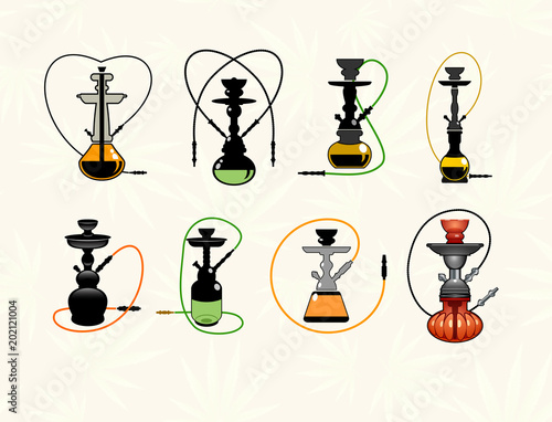 Hookah set . Hookahs icons of various shapes.