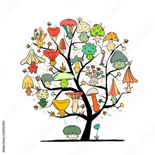 Funny mushrooms tree, sketch for your design