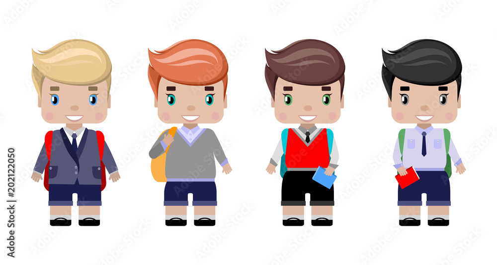 boys, in different school uniform, with school backpack, diary, smile (first graders).in cartoon style