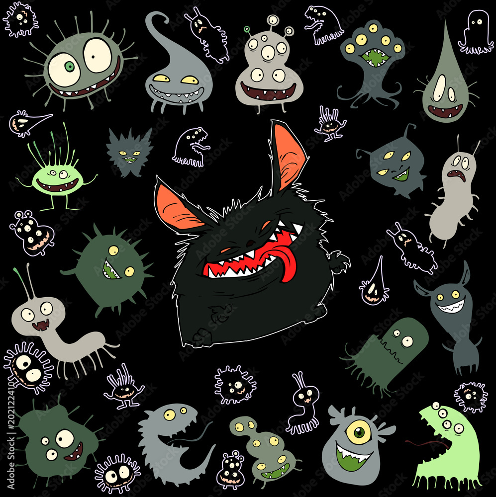 Cartoon illustration set of funny fluffy kawaii bizarre creatures gathered around one big monster Cartoon illustration set of funny fluffy kawaii bizarre creatures gathered around one big monster