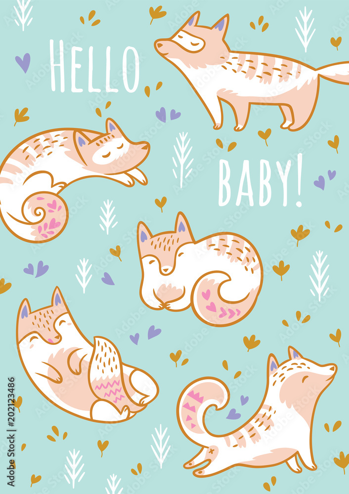Baby shower design. Cartoon foxes or cats with text Hello baby. Vector illustration