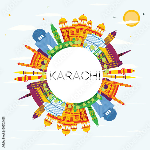 Karachi Skyline with Color Landmarks, Blue Sky and Copy Space.