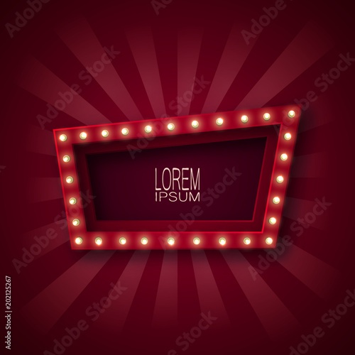 Advertising signboard, banner, emblem for attracting customers. A quadrangle, a trapezoid with glowing light bulbs along the contour, in red and white beams. Claret background. For your design. 10 eps