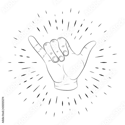 Hand gesture, little finger and thumb, shaka. Greeting of parachutists and surfers. The figure is six. Hand-drawn, contour, against a background of linear rays. For posters, banners and logos. 10 eps