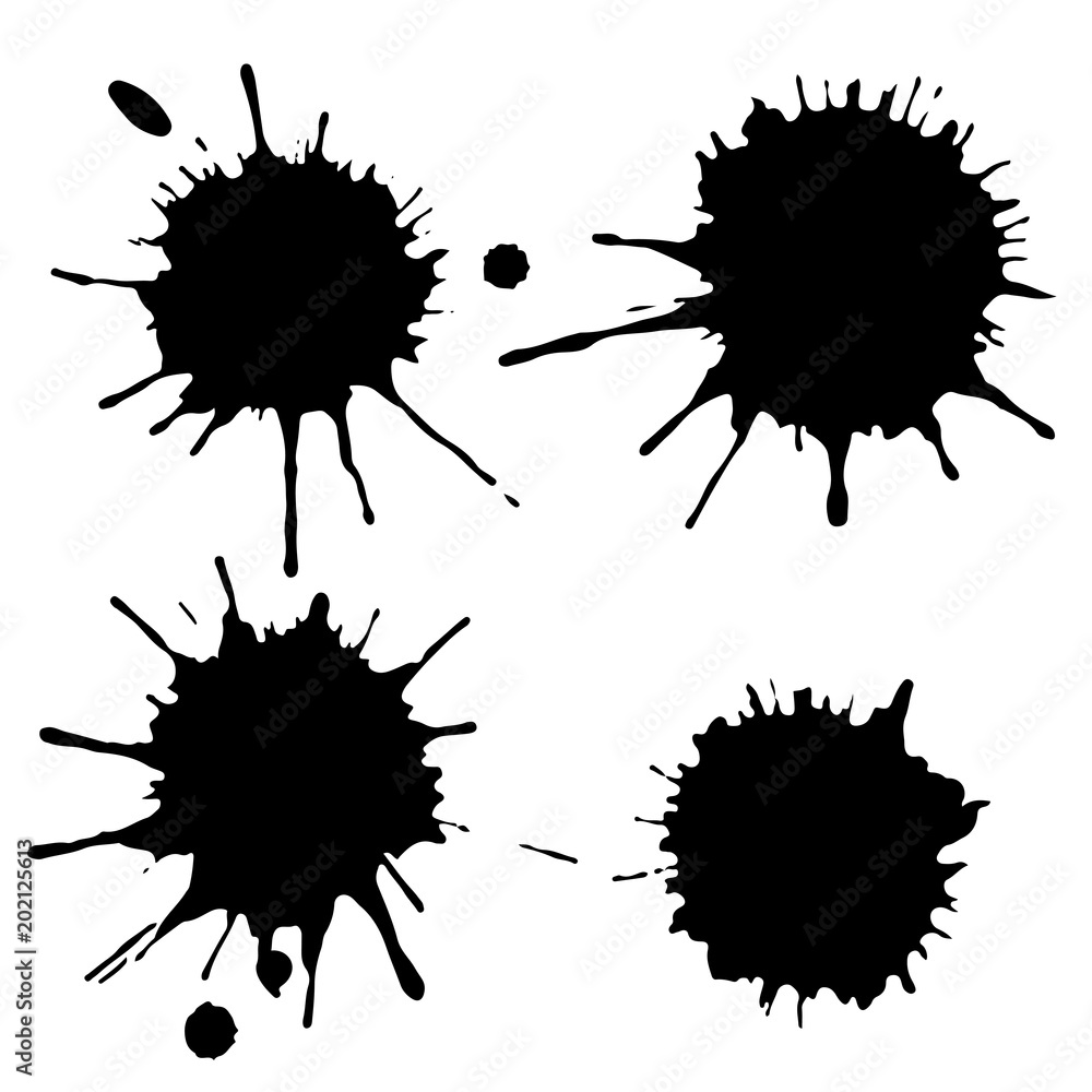 Black ink paint spots. Drops texture isolated on white background. Set for grunge splash textures. Vector illustration. Black ink paint spots. Drops texture isolated on white background. Set for grunge splash textures. Vector illustration.