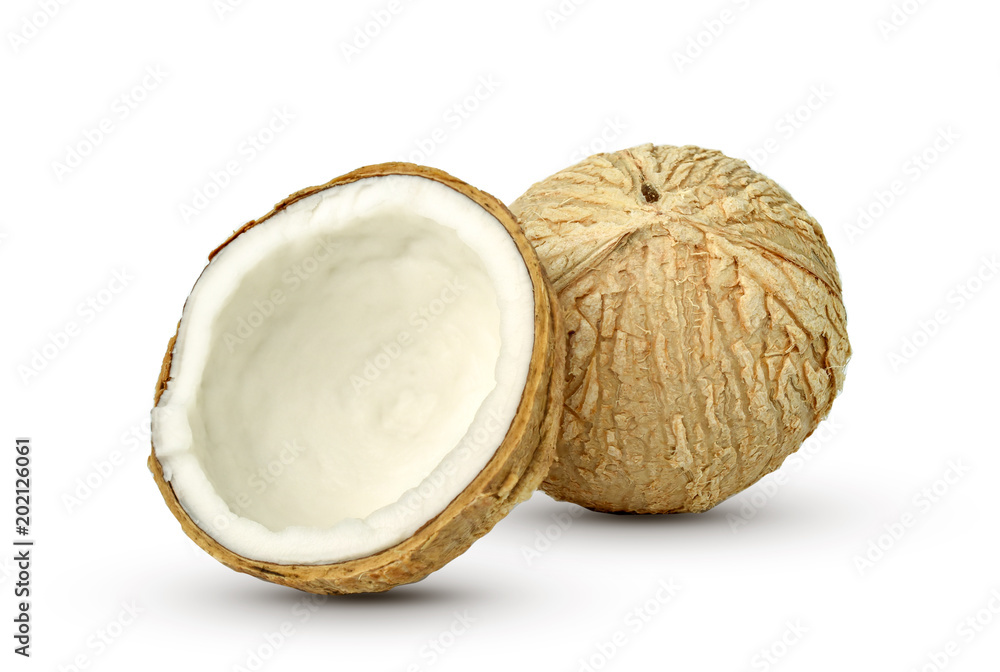 two coconut isolated on white background. Design for your product.  Full depth of field. This has clipping path.