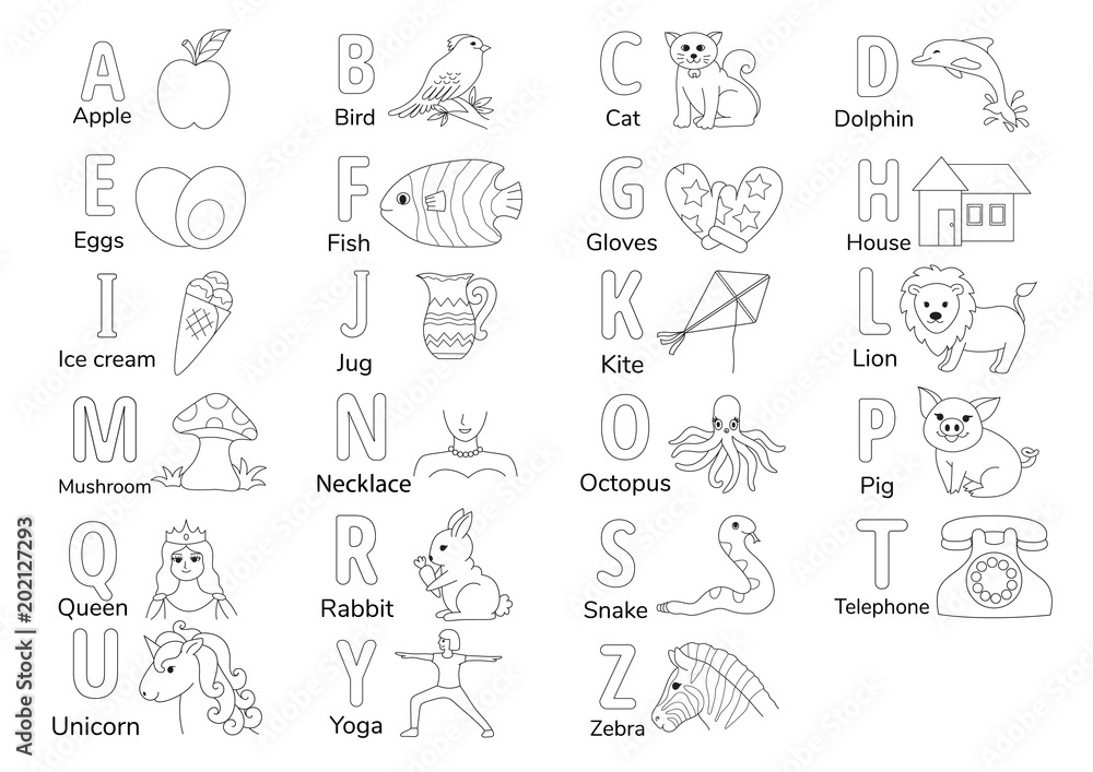 Colorless Alphabets with illustration A to Z for coloring book page for kids, English letters learning worksheet. Vector