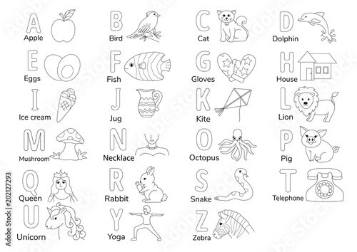 Colorless Alphabets with illustration A to Z for coloring book page for kids  English letters learning worksheet. Vector