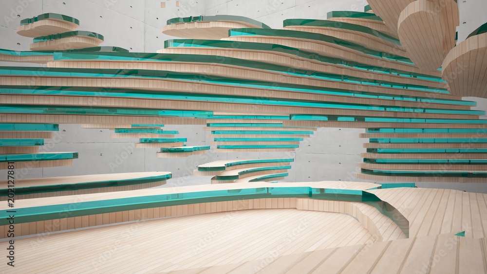 Abstract concrete and wood parametric interior with window. 3D illustration and rendering. Abstract concrete and wood parametric interior with window. 3D illustration and rendering.