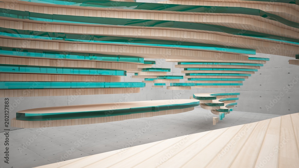 Fototapeta premium Abstract concrete and wood parametric interior with window. 3D illustration and rendering.