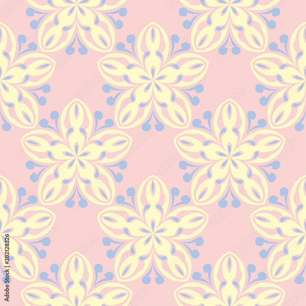 Floral pale pink seamless background. Floral pattern with light blue and yellow elements Floral pale pink seamless background. Floral pattern with light blue and yellow elements