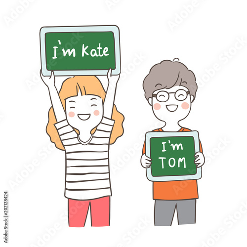 Vector illustration character a girl and a boy holding board and write name for introduce them self first day at school Draw doodle style