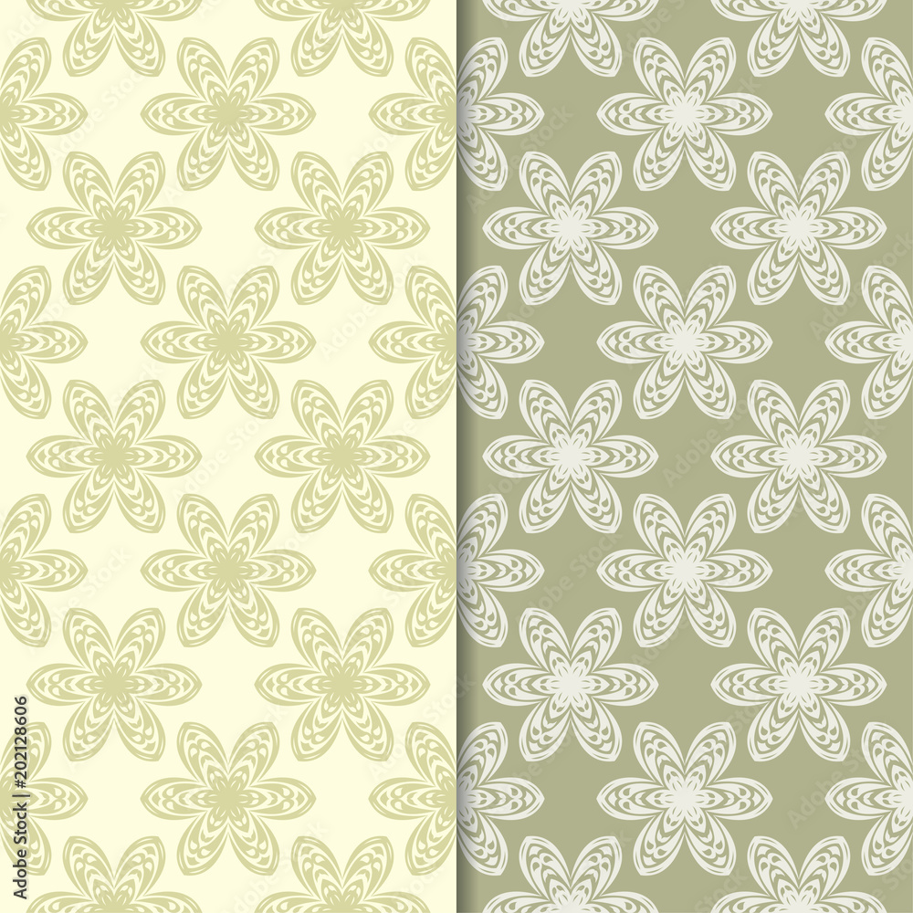 Olive green floral ornamental backgrounds. Set of seamless patterns Olive green floral ornamental backgrounds. Set of seamless patterns