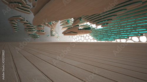 Abstract concrete and wood parametric interior with window. 3D illustration and rendering.