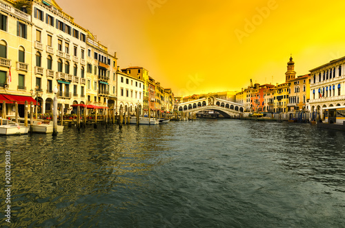 Panorama of Grand Canal and Rialto bridge at sunset, Venice, Italy © zefart