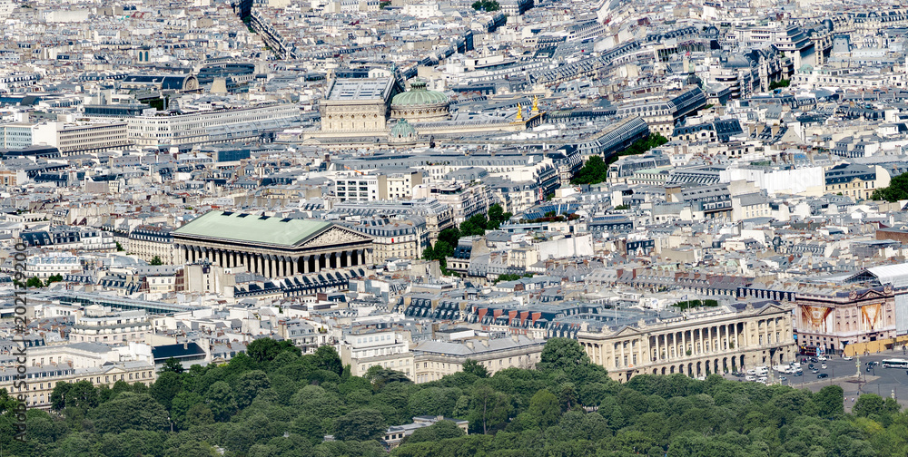 Aerial panoramic view of Madeleine and rooftops in Paris, France