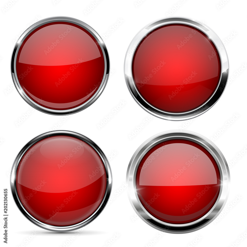 Glass red buttons. Round 3d icons with metal frame and reflection Glass red buttons. Round 3d icons with metal frame and reflection
