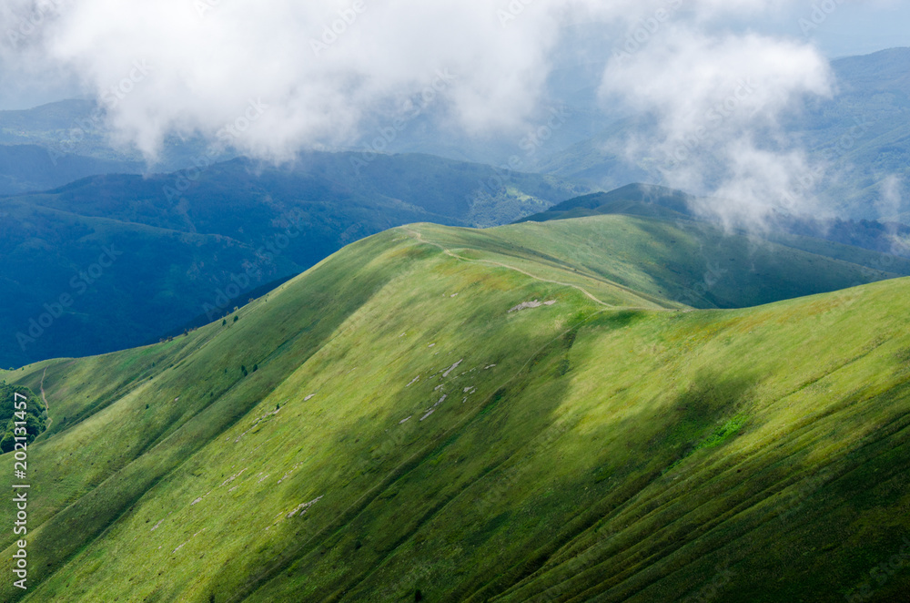 Fototapeta premium Beautiful nature background in the mountains during the summer. Green hillsides of Osogovo range, Bulgaria, overcast day