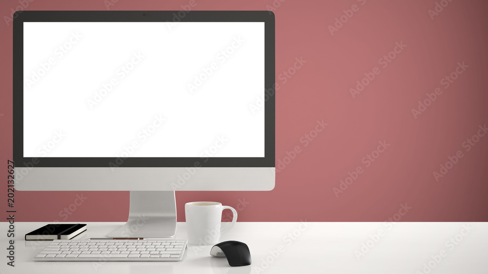 Desktop mockup, template, computer on work desk with blank screen, keyboard  mouse and notepad with pens and pencils, red pantone colored background  Stock Illustration | Adobe Stock