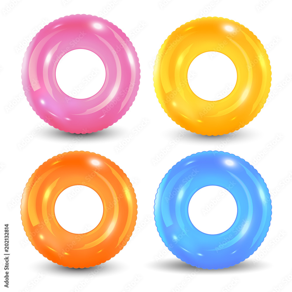 Swim rings set. Inflatable rubber toy. Lifebuoy colorful vector collection. Summer. Realistic summertime illustration. Summer vacation or trip safety. Top view swimming circle for ocean, sea, pool. Swim rings set. Inflatable rubber toy. Lifebuoy colorful vector collection. Summer. Realistic summertime illustration. Summer vacation or trip safety. Top view swimming circle for ocean, sea, pool.