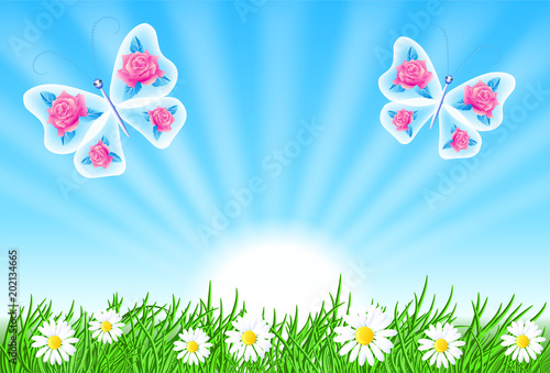 Summer landscape with sun rays and fairy butterflies in the sky and meadow flowers