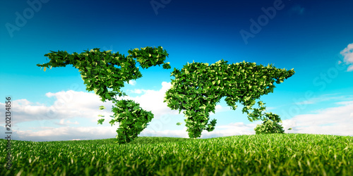 Leaf world map placed on fresh spring grass. Sustainable world developmet conceptual design. 3d Illustration. photo