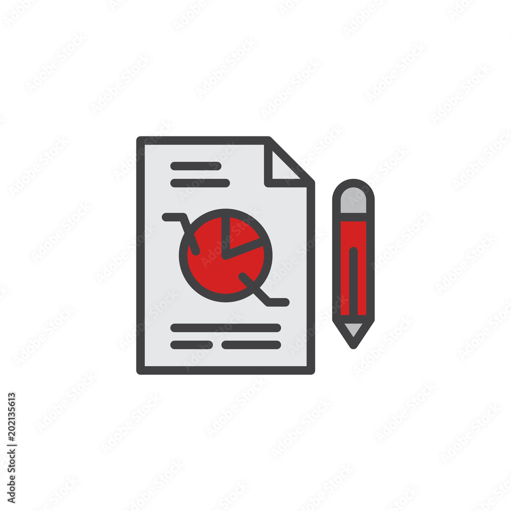 Pie chart document and pen filled outline icon, line vector sign, linear bicolor pictogram isolated on white. Report document symbol, logo illustration. Pixel perfect vector graphics Pie chart document and pen filled outline icon, line vector sign, linear bicolor pictogram isolated on white. Report document symbol, logo illustration. Pixel perfect vector graphics
