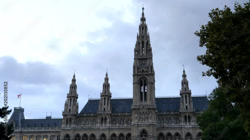 close up of the exterior of rathaus at dusk in vienna, austria close up of the exterior of rathaus at dusk in vienna, austria
