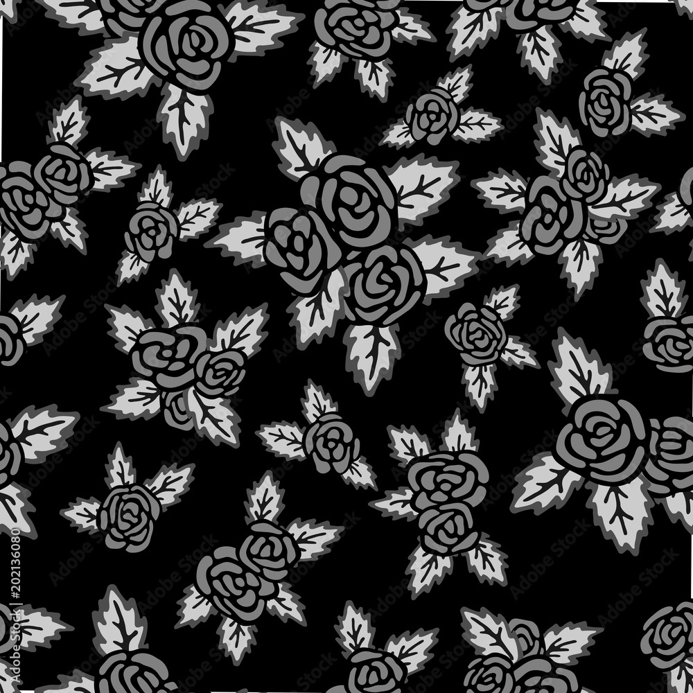 Monochrome seamless pattern. Hand drawn gray roses on black background Monochrome seamless pattern. Hand drawn gray roses on black background