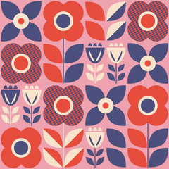 Fotobehang Rood patronen Scandinavisch retro bloemenpatroon vintage stijl  © orangeberry