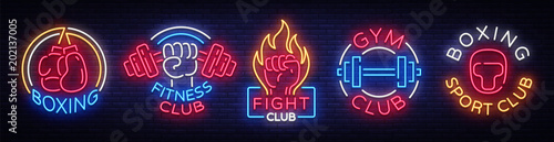 Collection neon signs for sports. Set neon logos emblems for Sports, design template symbols Boxing, Fitness Club, Fight Club, Gum club, Sport club. Neon signboard. Vector Illustration