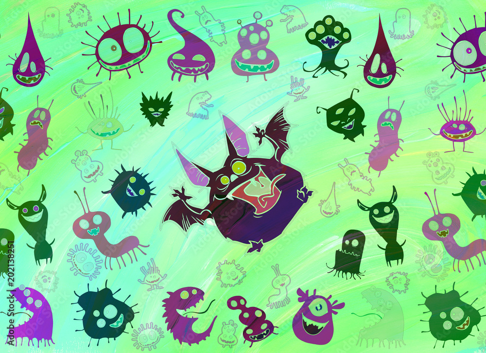 Cartoon illustration set of funny fluffy kawaii bizarre creatures gathered around one big monster Cartoon illustration set of funny fluffy kawaii bizarre creatures gathered around one big monster